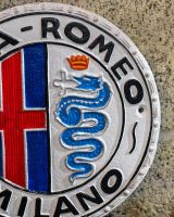 Close up of "Alfa Romeo" Cast Iron Automobilia Reproduction Sign finish