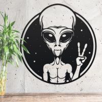 Peace Sign Alien Wall Art in Situ on a Grey Wall