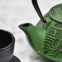 Close-Up of Spout on Ancient Oriental "Ahuic" Green Cast Iron Teapot 