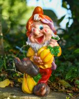 Angled view of colourful garden gnome statue