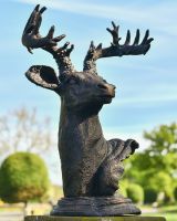 Angled view of antique bronze stag bust