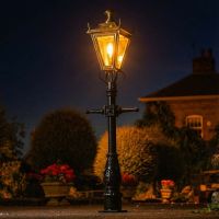 1.5m Antique Brass Dorchester Miniature Lamp Post Illuminated at Night