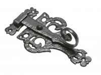 Antique Black Iron Ornate Casement Fastener With Hook Keeper Plate Antique Black Iron Ornate Casement Fastener With Hook Keeper Plate