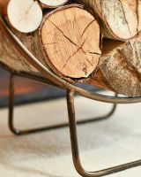 Close Up Of Antique Brass Contemporary Circular Log Rack & Holder With Handle Finish Close Up Of Antique Brass Contemporary Circular Log Rack & Holder With Handle Finish