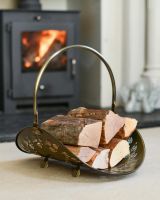 Antique Brass Curved Log Rack & Holder With Handle