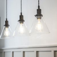 Antique Bronze Steel Trio Cone Hanging Lights in Situ Antique Bronze Steel Trio Cone Hanging Lights in Situ