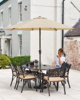 Six Seater Garden Table and Chairs with Parasol in Situ Six Seater Garden Table and Chairs with Parasol in Situ