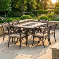 Antique Copper "Radford" Six Seater Table & Chair Set with BBQ Grill with cushions digital illustration