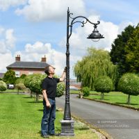 Antique Silver Ornate Gothic Cast Iron Lamp Post With Man For Scale Antique Silver Ornate Gothic Cast Iron Lamp Post With Man For Scale