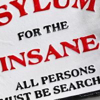 Close-up of the Hand Painted Finish on the "Asylum For The Insane" Cast Iron Sign Close-up of the Hand Painted Finish on the "Asylum For The Insane" Cast Iron Sign