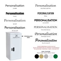 Personalisation options for freestanding modern white parcel box Personalisation options for freestanding modern white parcel box