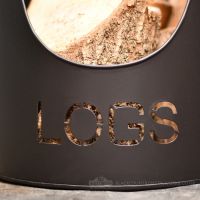 Laser cut word LOGS on fireside fuel holder Laser cut word LOGS on fireside fuel holder