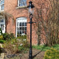 Glass and Brass Belgravia lantern and lamp post set outside town house.  Glass and Brass Belgravia lantern and lamp post set outside town house.