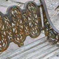 Close up of Rustic finish on Gothic Garden Bench