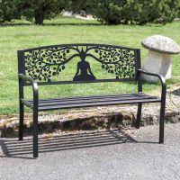Iron & Steel Park Bench in Black with Bespoke "Eternal Growth" Buddha Cut-Out Iron & Steel Park Bench in Black with Bespoke "Eternal Growth" Buddha Cut-Out