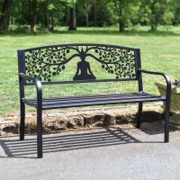 Iron & Steel Park Bench in Black with Bespoke "Eternal Growth" Buddha Design Iron & Steel Park Bench in Black with Bespoke "Eternal Growth" Buddha Design
