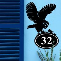 Bespoke Barn Owl House Number Sign On Blue Background
