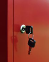 Red Bexley Wall Mounted Parcel Box Close up of key Red Bexley Wall Mounted Parcel Box Close up of key