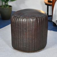 Round Goat Leather Pouffe