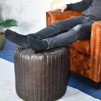 Round Goat Leather Pouffe in use