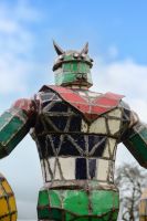 "Sentry" the Robot Upcycled Oil Drum Garden Sculpture close up of head