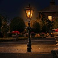 AI Illustration of the 1.5m Black Dorchester Miniature Lamp Post in Use Illuminated at Night