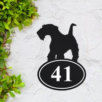 Black airedale terrier house number sign