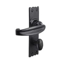 Black Antique Bathroom Door Handles - Rustic Scalloped Privacy Lever Pair on a White Background Black Antique Bathroom Door Handles - Rustic Scalloped Privacy Lever Pair on a White Background