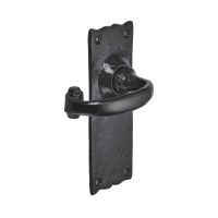 Black Antique Wide Backplate Door Handles - Rustic Scalloped Lever Latch Pair on a White Background 