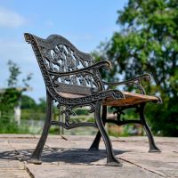Close up of Aged Black Cast Iron & Wood Garden "Rose" Bench 