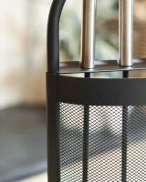 Close-Up of Brushed Steel Handles on Black Contemporary Arched Three-Piece Companion Set Close-Up of Brushed Steel Handles on Black Contemporary Arched Three-Piece Companion Set