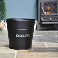 Black Contemporary Kindling Bucket in Situ by the Fire Place