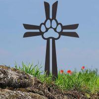 Black Contemporary Paw Print on Cross Grave Marker Ground Spike in Situ