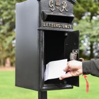Close-Up of Lockable Front Open on Black & Gold "Goldney" King George Post Box