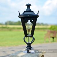 Black Gothic Pillar Light and Lantern Set in Situ on the Driveway