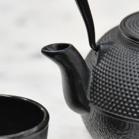 Close-Up of Spout on Black "Kyusu" Cast Iron Japanese Teapot with Handle
