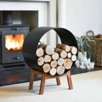Black Round Steel "Barrel" Log Holder with Wooden Legs Black Round Steel "Barrel" Log Holder with Wooden Legs