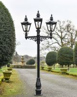 Black Triple Headed Harrogate Lamp Post facing camera Black Triple Headed Harrogate Lamp Post facing camera