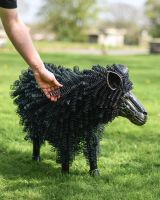 Scale Shot of Black Twisted Metal Sheep Garden Sculpture - Recycled Outdoor Ornament