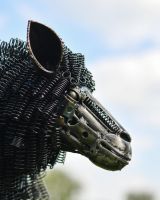 Close-Up of Facial Features of Recycled Metal Sheep Sculpture Looking Left