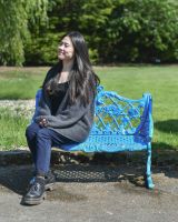 Scale image of striking blue cast iron outdoor bench Scale image of striking blue cast iron outdoor bench