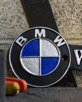 Close up of BMW Workshop Vintage Style Cast Iron Sign finish