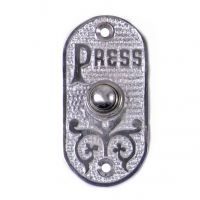 Bright Chrome Bell Push with ornate design and script "PRESS"