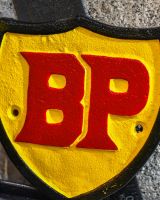 Close up of BP Oil Vintage Style Cast Iron Sign finish