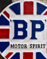 Close up of BP Motor Spirit Vintage Style Cast Iron Sign finish