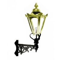 Polished Brass Hexagonal Concordia Lantern on an Ornate Corner Bracket Polished Brass Hexagonal Concordia Lantern on an Ornate Corner Bracket