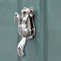 Squirrel door knocker finished in chrome on blue, green door