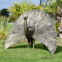 Bronze Finish Peacock Sculpture with Open Tail 