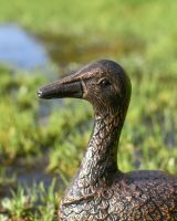 Close up of bronze sitting duck statue 