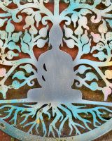 Buddha and tree garden wall art close up